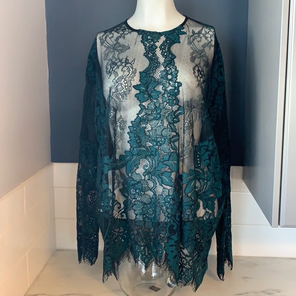 3/$25 ‼️ Zara Guipure Green & Black Lace Blouse Long Sleeve Top - Picture 2 of 4